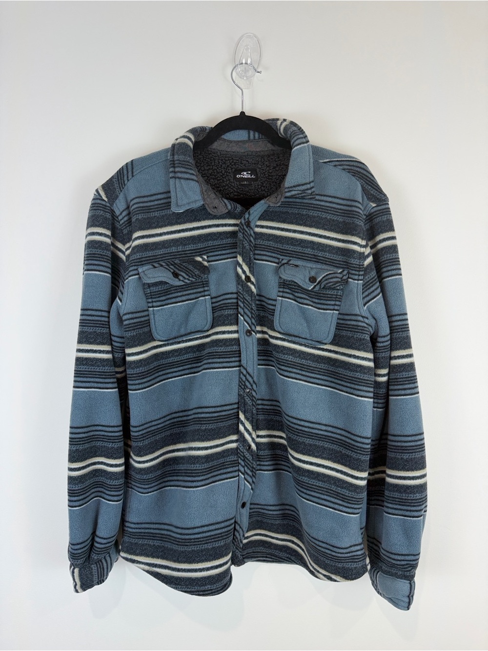O'Neill Sherpa Lined Fleece Shacket Blue Grey Striped Men’s Jacket-Size L